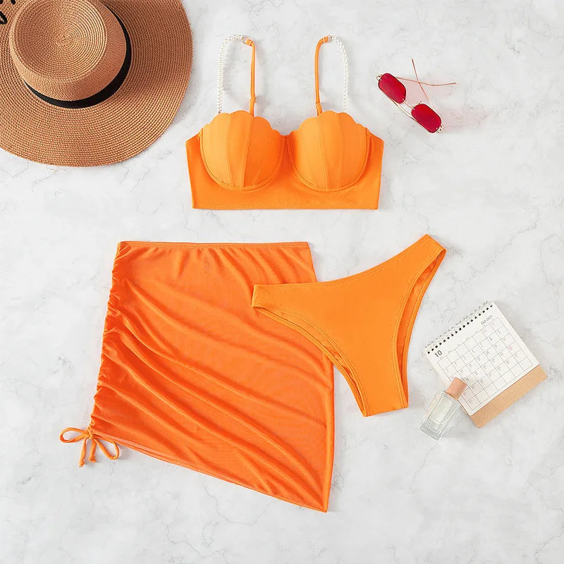 New Swimsuit Women Three Piece Set Solid Blue/Red/Orange/Black Summer Bikini European American Scallop 2024 Swimsuits Wholesale