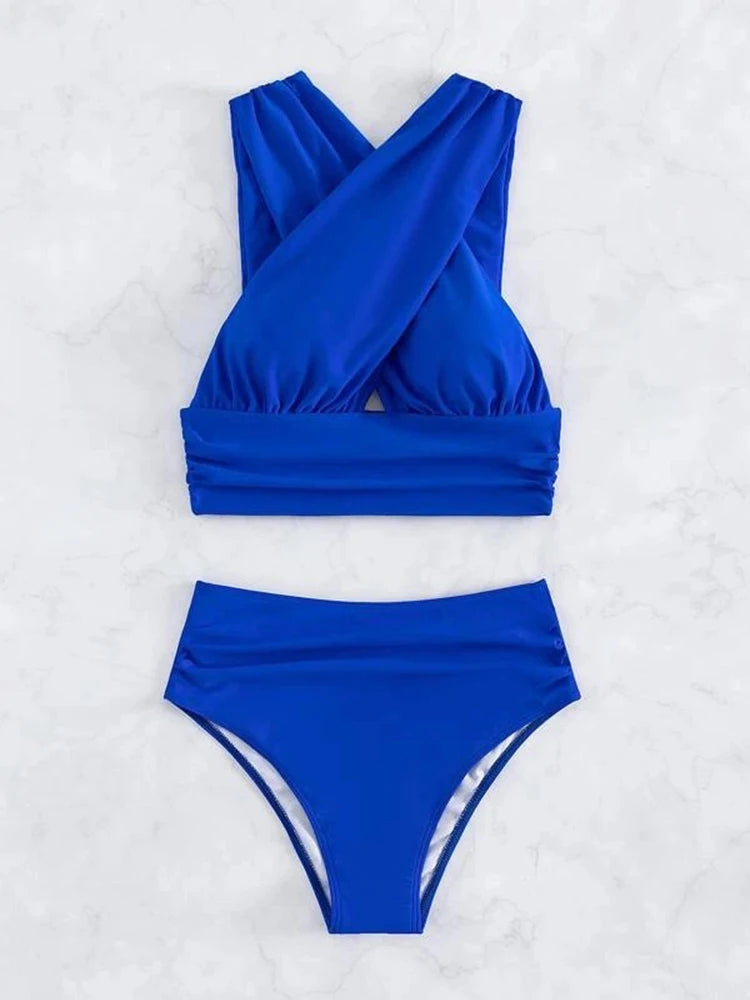 Circyy Blue Swimwear Women Cross Backless Split Swimsuit Pleated High Waisted Beachwear Summer 2025 New Holiday Sexy Bikini Set