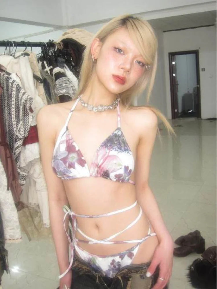 Japanese Subculture Y2K Harajuku Pattern Printed Women's Bikini Set Summer American Retro Sexy Strap Millennium Style Bikini emo