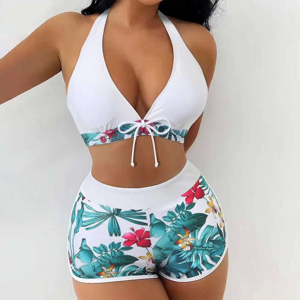 2 Pcs/Set Women Bra Shorts Set Backless Leaf Print Deep V Neck Drawstring Bathing Suit High Waist Padded Lady Swimwear