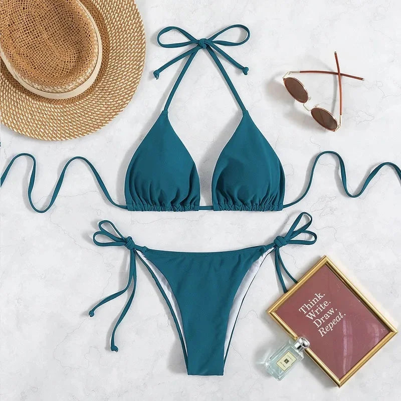 Sensual Pure Color Bikini Set Women's Two-Piece Swimsuit with Waist Belts Backless Slimming Cross-Border Swimwear