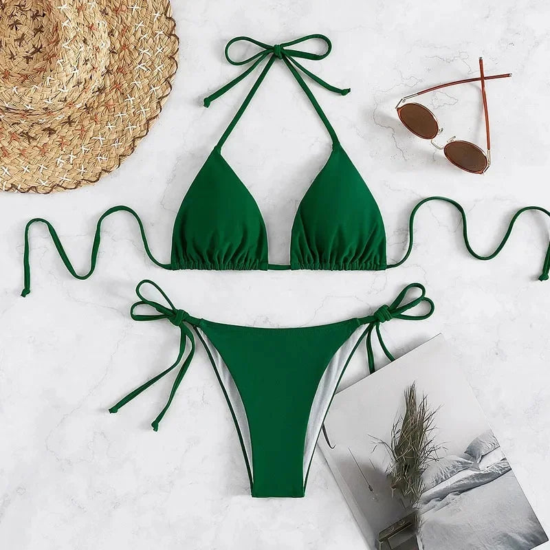 Sensual Pure Color Bikini Set Women's Two-Piece Swimsuit with Waist Belts Backless Slimming Cross-Border Swimwear