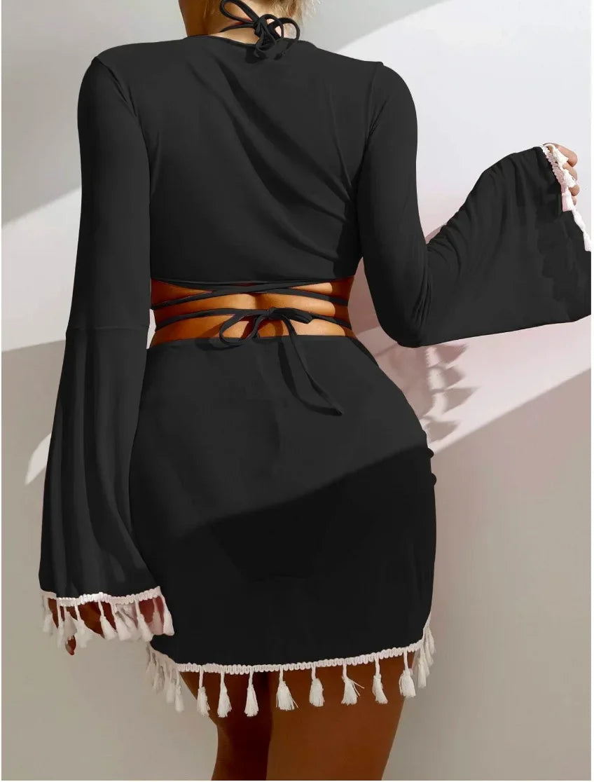 Swimming Suit Women Beach Wear Solid Beach Suit Tassel Cover Up Mesh Short Skirt Bikini Cute Swimming Pool Outfit Spring Summer