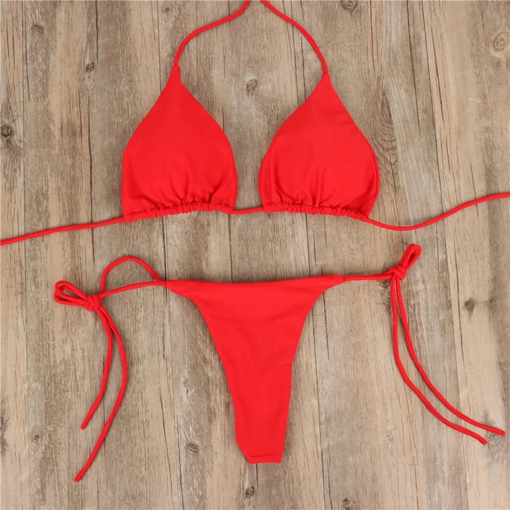 Beach Style Swimsuit for Women Sexy Halter Swimwear Solid Thong Female Bikini Set Bathing Suit Bikini Mujer Lingerie