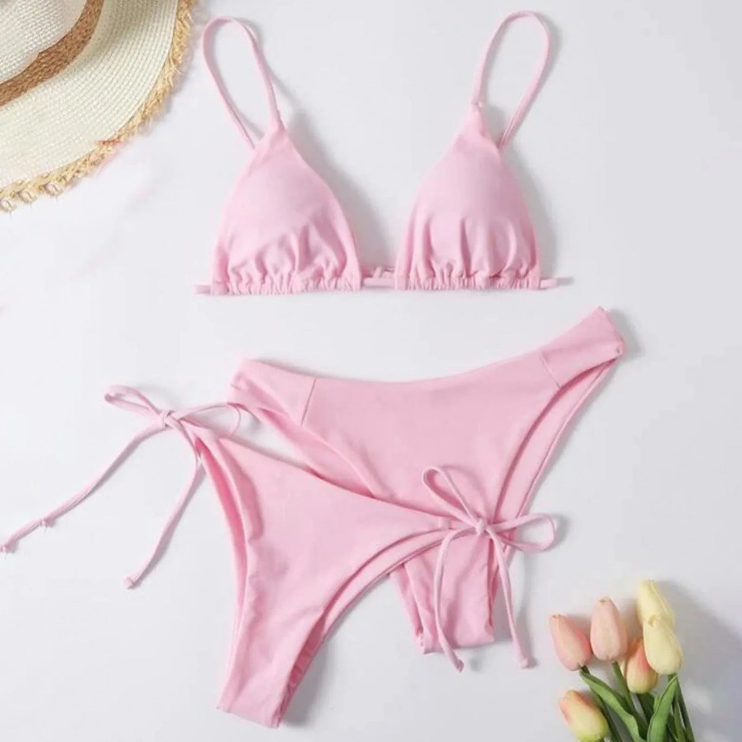 Women's Summer Fashion Sexy Basic Solid Color Backless Lace-up High Waist Adjust Buckle Sling Bikini Three-pieces Swimsuit