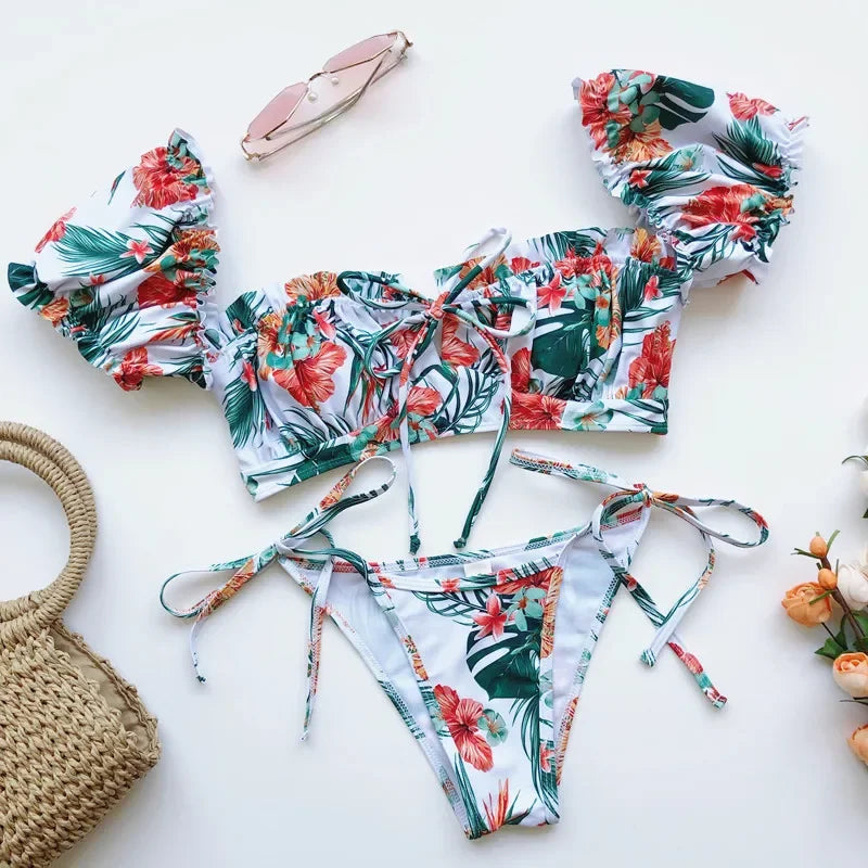 Sexy Ruffle Bikinis 2024 Women Short Sleeve Solid Swimwear Push Up Swimsuit High Cut String Bathing Suit Bandage Thong Beachwear