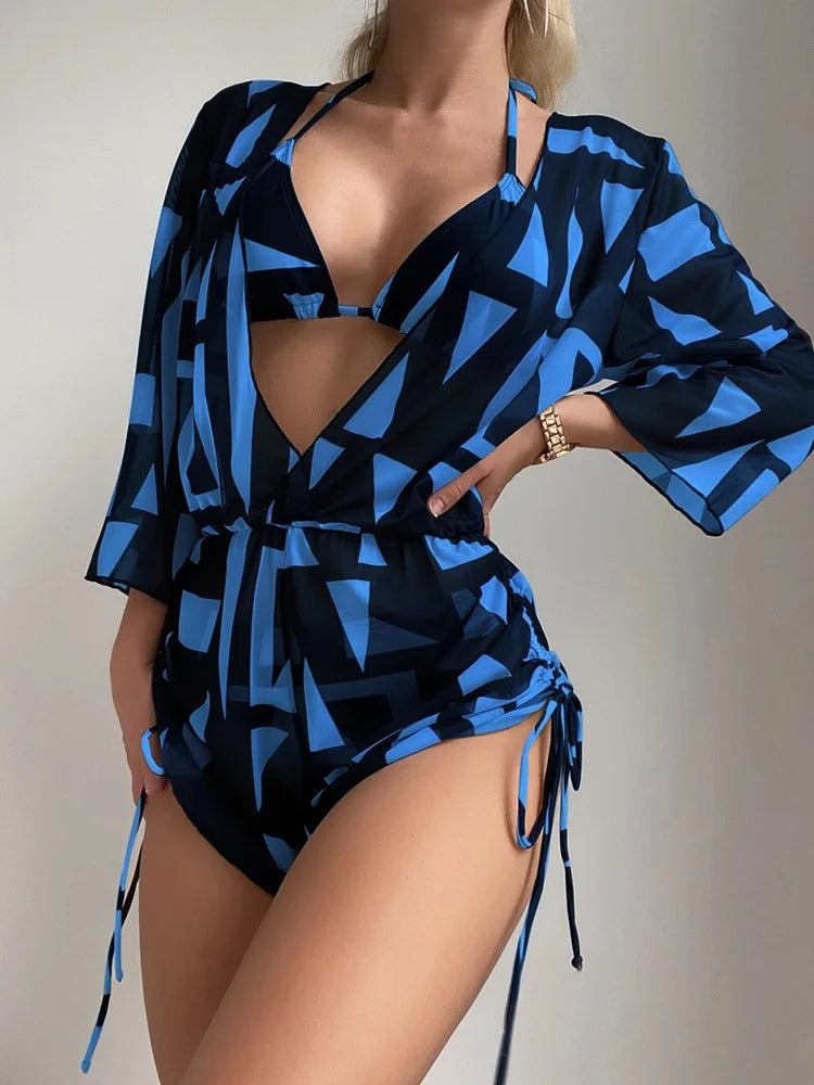 New 5 Colors Women Bikini 3 Piece Set Halter Top Mid Waisted Bottom + Long Sleeved Drawstring Cover Up 2025 Sexy Slim Beachwear