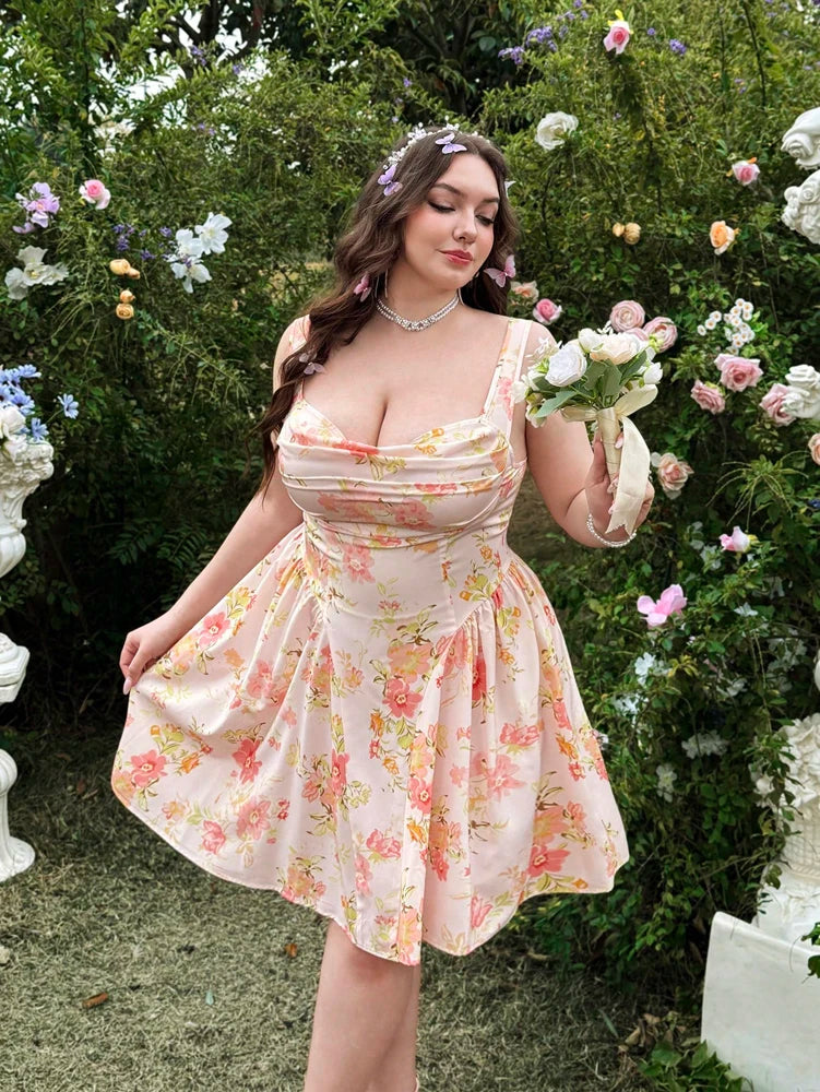 plus Size Romantic Floral Print Vacation Dress Elegant Summer Casual Maxi Dress for Women