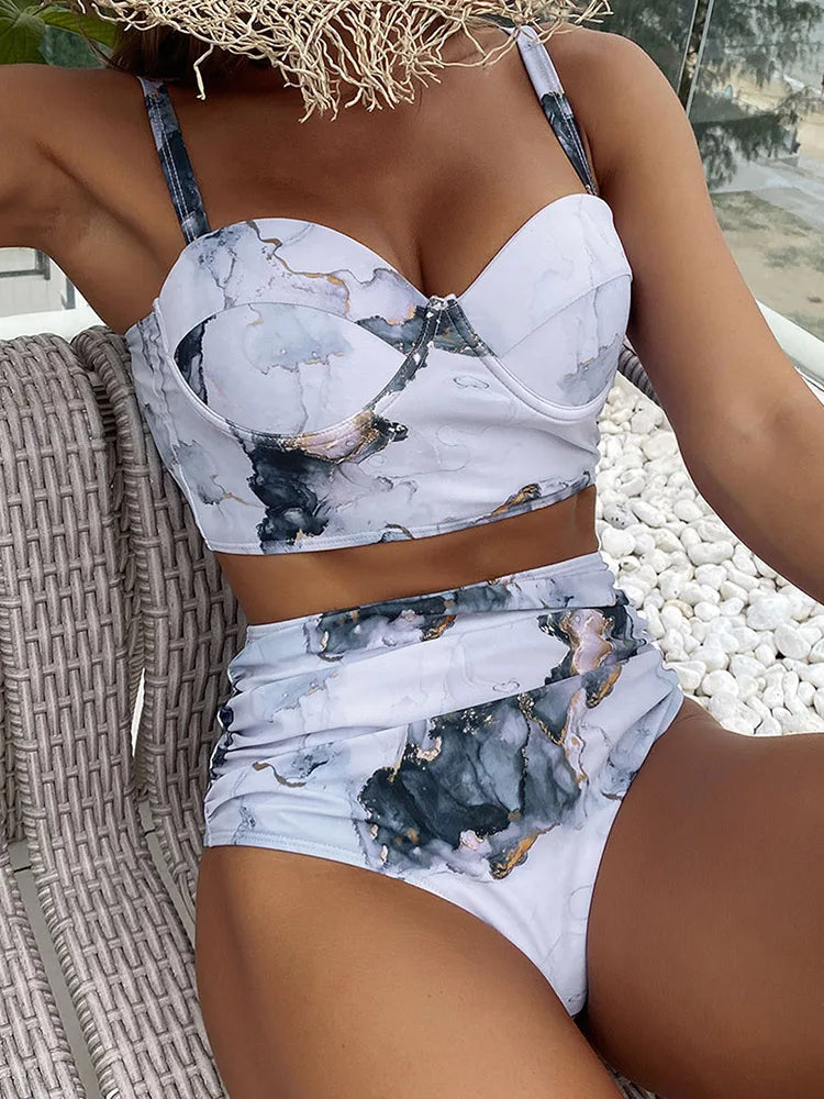 Bikini 2025 Push Up Swimsuit Women Halter High Waist Swimwear Female Printed Bathing Suit Bathers Mayo Biquine