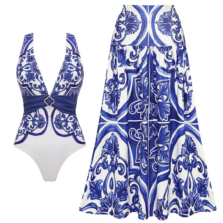 2024 Vintage Pattern Printed One Piece Swimsuit Swimwear Bikini Set Women Beachwear Clearance Wholesale