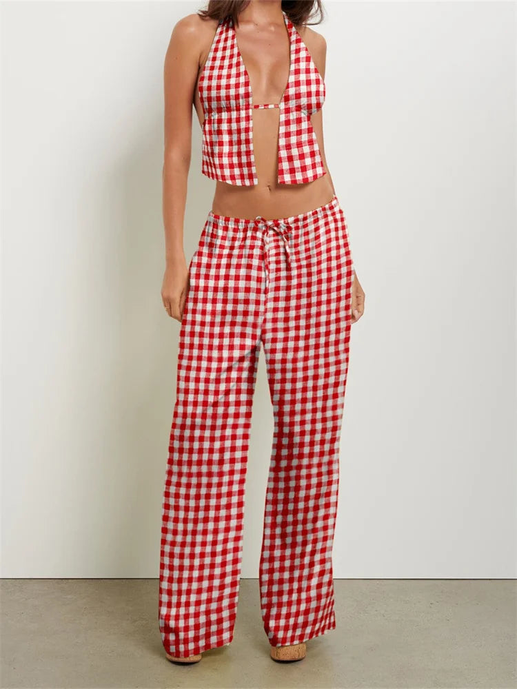 CHRONSTYLE Women Summer Pants Outfits Striped/Solid Halter Tie-Up Backless Tank Tops Wide-Leg Pants 2 Pieces Set Streetwear 2024