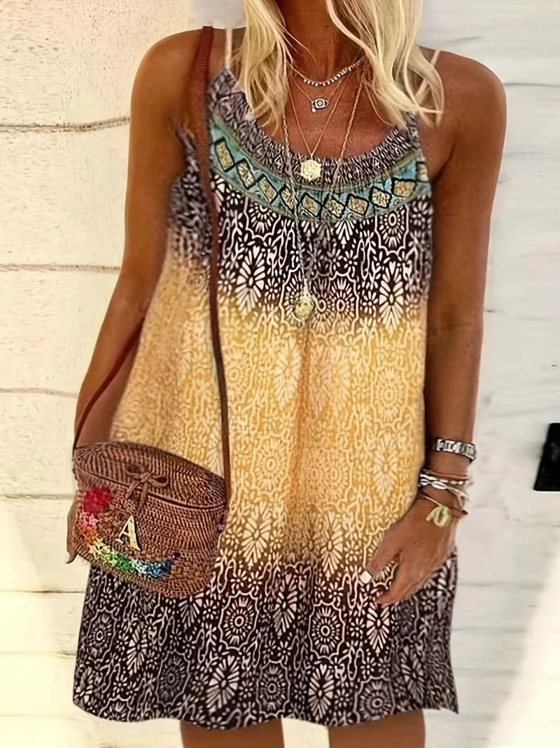 Summer Fashion Women's Plus Size 1XL-6XL Ladies Vintage Printed Casual Beach Dress Spaghetti Strap Loose Dress Boho Dress Robe