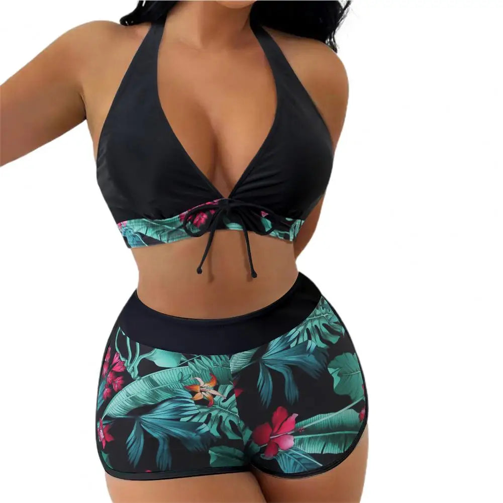 2 Pcs/Set Women Bra Shorts Set Backless Leaf Print Deep V Neck Drawstring Bathing Suit High Waist Padded Lady Swimwear