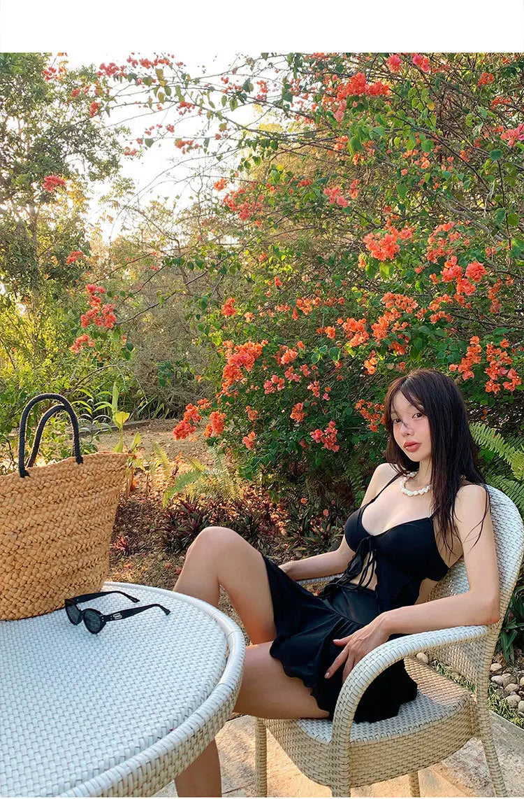 Sweet Girl 2025 South Korea's New Split Bikini Swimsuit Ruffle Edge Neck Solid Color Slimming Swimsuit Bikini Set Bathing Suit