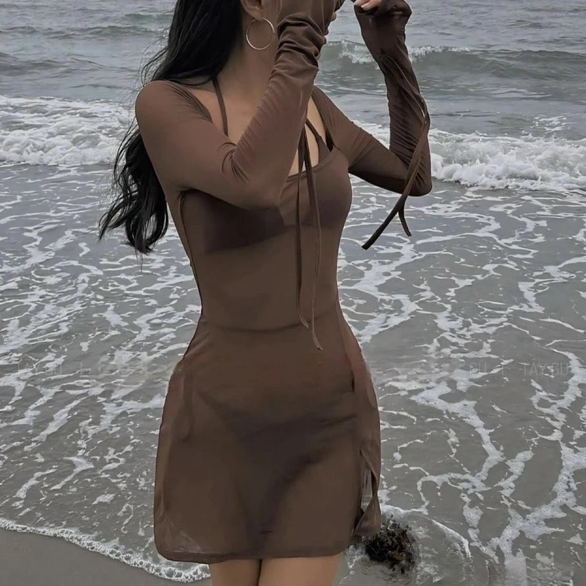 2024 New Sexy Hot Girl Long Sve Bikini Tee Piece Set Ele Square Collar Slit Net Wrap around Swimsuit Sport Fitn