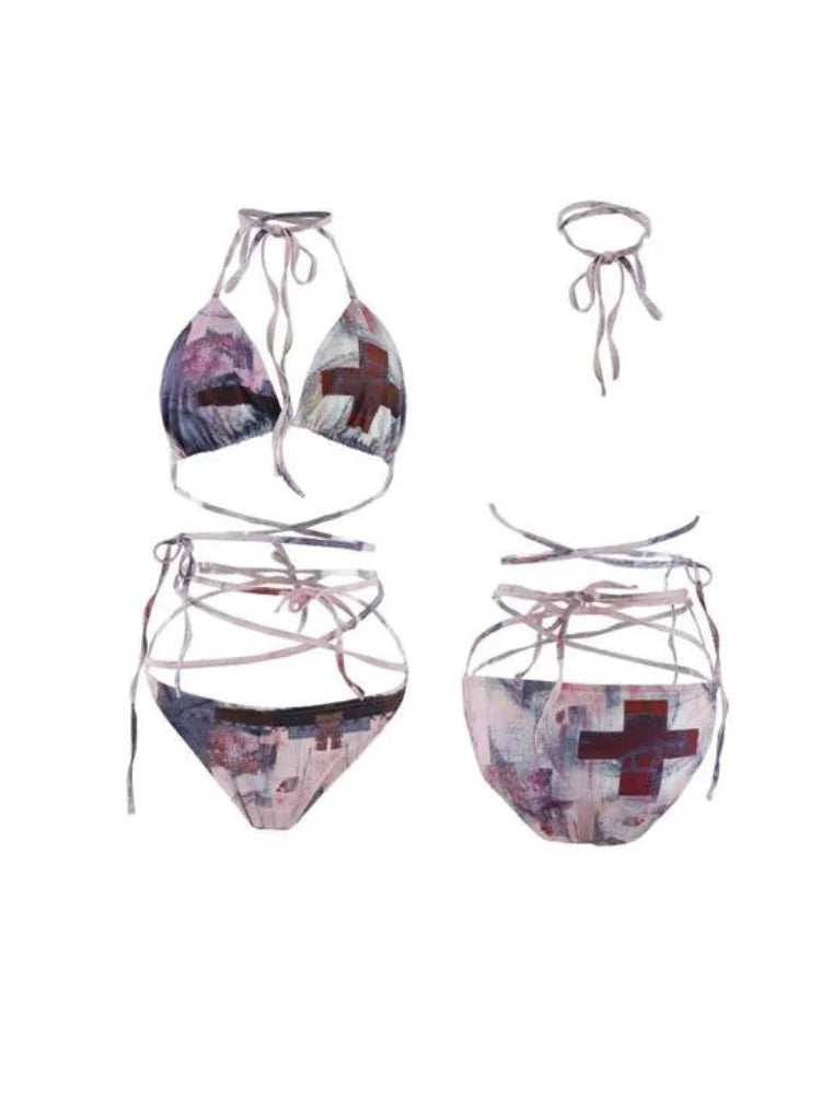 Japanese Subculture Y2K Harajuku Pattern Printed Women's Bikini Set Summer American Retro Sexy Strap Millennium Style Bikini emo