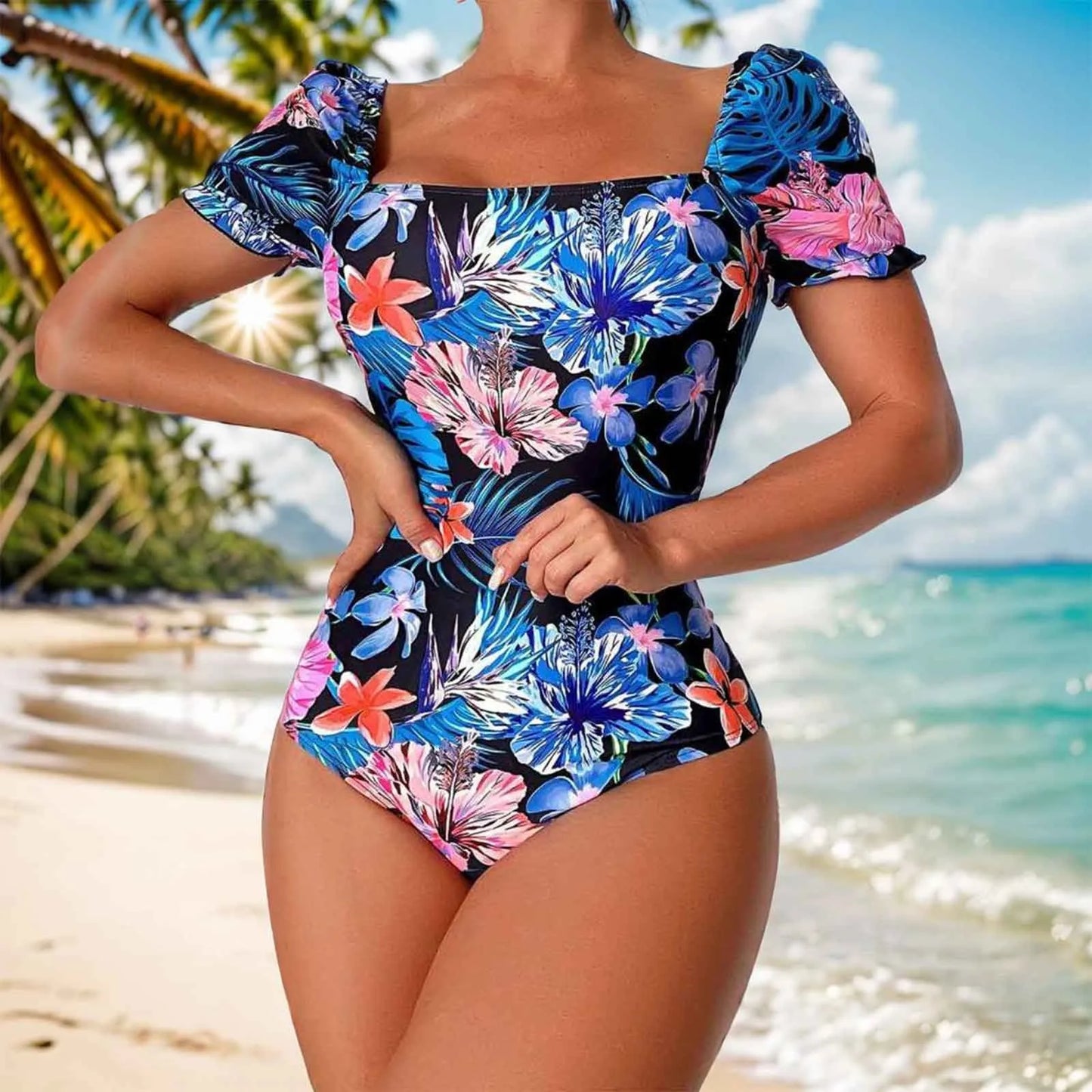 Women Swimsuit Fashion Swimsuit Printed Flower Triangle Bikini Strap Sexy Swimsuit Hawaiian Sea Sexy One-Piece Swimsuit Biquini