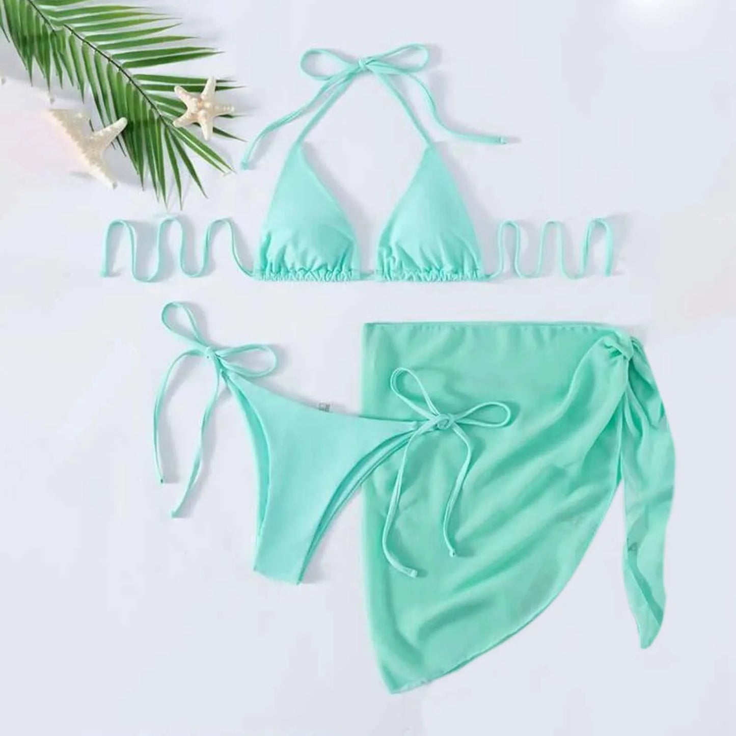 Women'S Solid Halter Backless Bikinis Set Sexy Triangle Cup Lace Up Bikini Top With Bottoms Swimsuit Cover Up 3 Piece Swimsuit