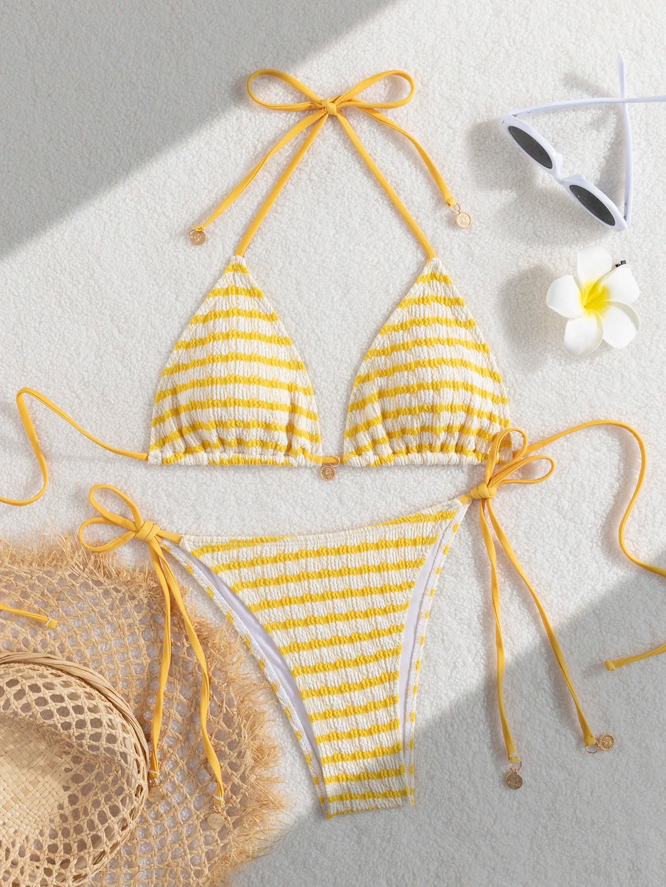 Ladies' striped and water ripple split swimsuit sexy bikini SexHy bikini swimsuit color blocking fashion high-end hot spring par