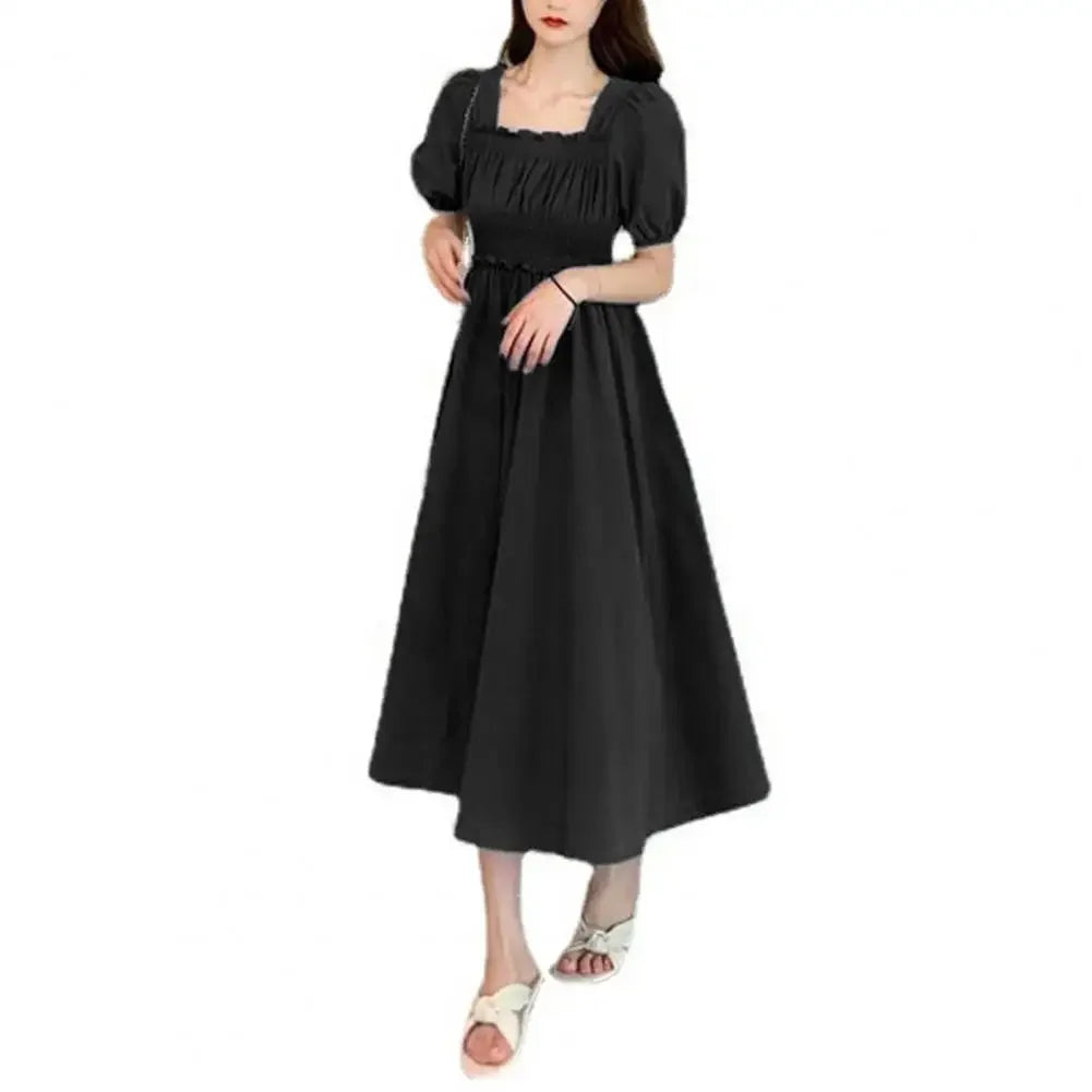 Summer Women Dress Pleated Shirring Square Neck Short Sleeve Bubble Sleeve Ladies Dress Solid Color Loose Hem Midi Dress