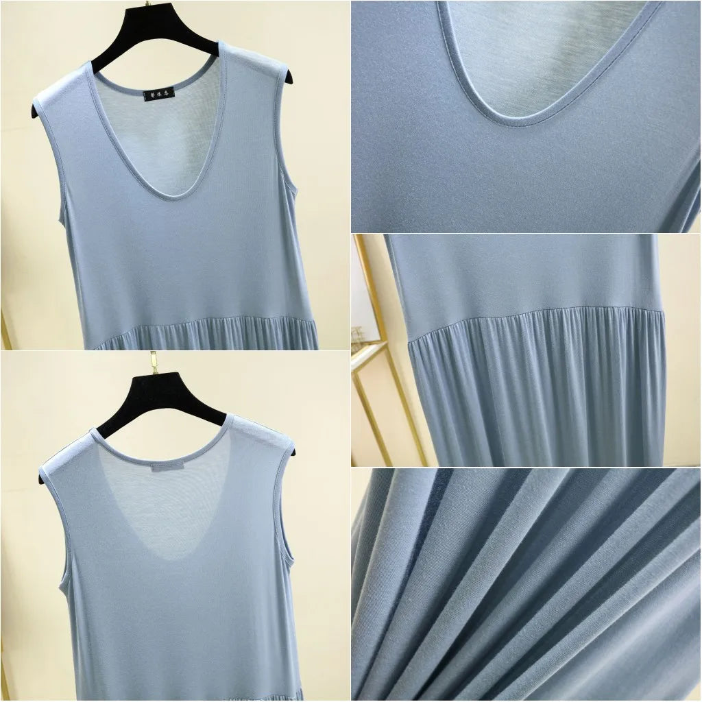 Plus size L to 6XL Women's dress Modal Sleeveless tank dress Pleated sleepdress Mid-Length waist-slimming dresses Loose homewear