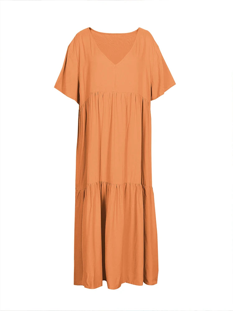 Plus Size Dress Women 2025 Summer V-Neck Short Sleeve Pleated Solid Color Casual Midi Dress Hem Loose Dress XL-5XL