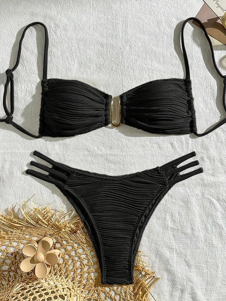 XS - L Wrinkled U Rings Bandeau Bikini Women Swimwear Female Swimsuit Two-pieces Bikini Set Bather Bathing Suit Swim Beachwear