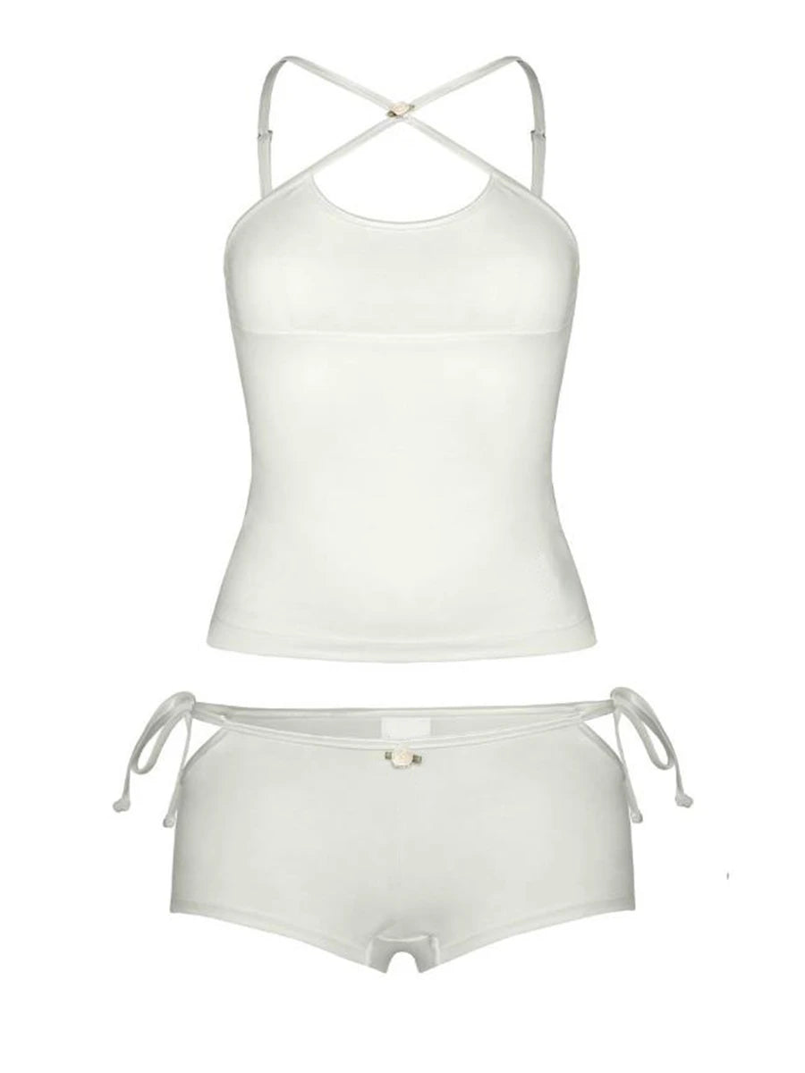 Women 2 Piece Short Sets Summer Chic Criss Cross Backless Camisole Tops and Bandage Cutout Shorts Outfits Club Streetwear Trendy