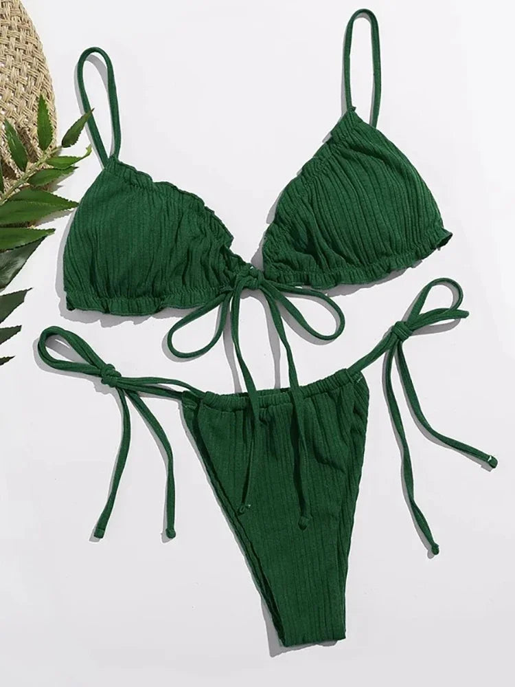 New 2025 Sexy Swimsuit Pit stripe Bikini Women Swimwear Bathing Suits Push Up Biquinis Bandage Beachwear Solid Bikini Sets