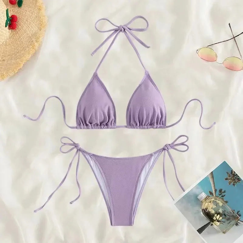 Sensual Pure Color Bikini Set Women's Two-Piece Swimsuit with Waist Belts Backless Slimming Cross-Border Swimwear