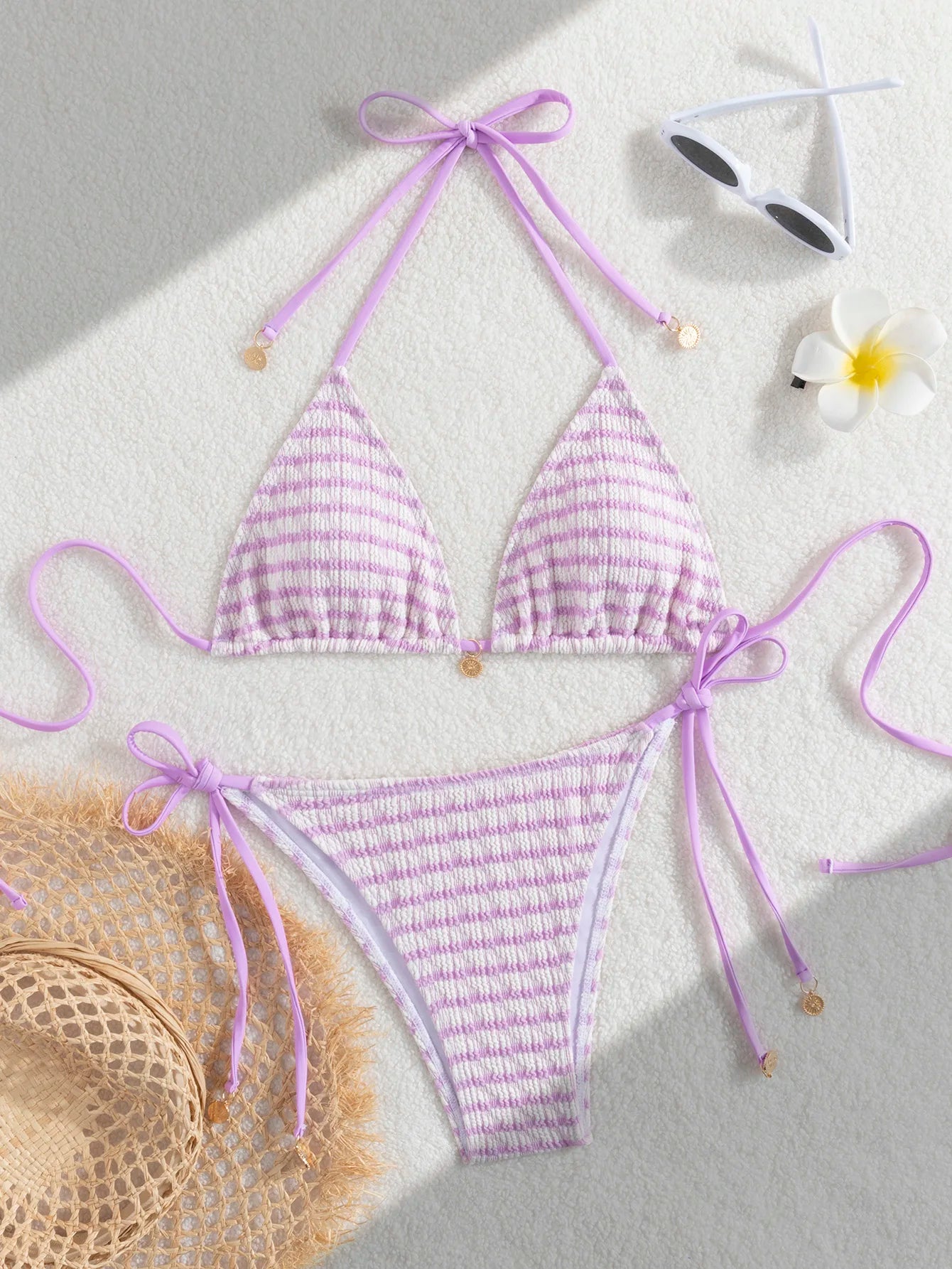 Ladies' striped and water ripple split swimsuit sexy bikini SexHy bikini swimsuit color blocking fashion high-end hot spring par