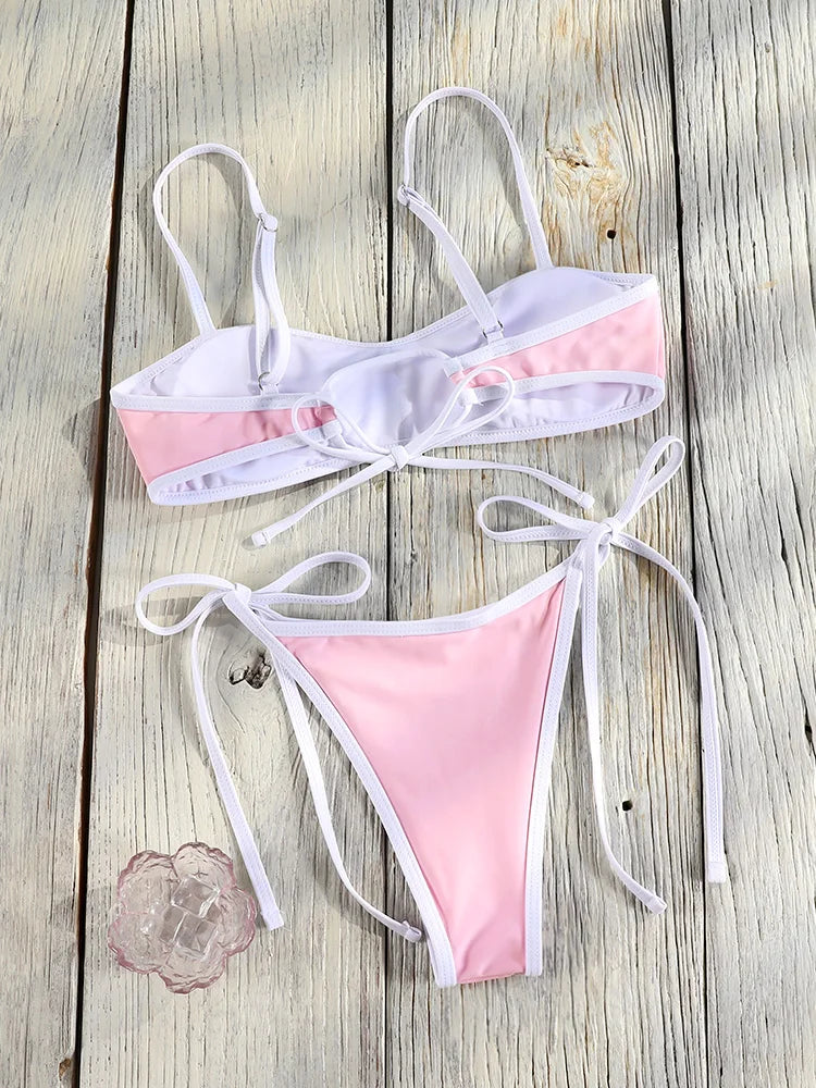 ZRTAK Pink Bikini Sets Patchwork Swimsuit Bandeau Women's Swimwear 2025 Low Waist Biquinis Women Bathing Suit Sexy Bikinis