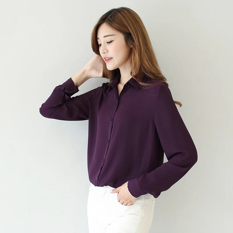 Simple Solid Colors Women Chiffon Shirts 2023 New Long Sleeve Ladies Casual Chiffon Blouse Tops Fashion Women Shirt Clothing