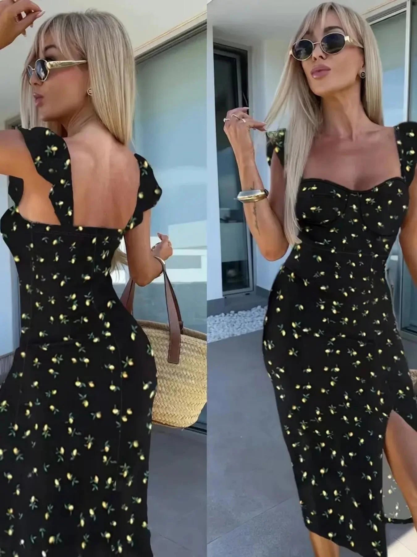 New European and American summer elegant design printed suspender slit midi-length ladies dress