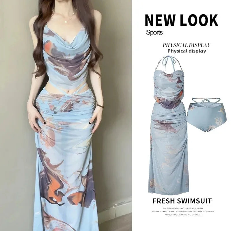 Sexy Bikini Swimwear Women's Three-Piece Set Long Dress Small Chest Gathered Steel Supportive Summer Vacation Beachwear
