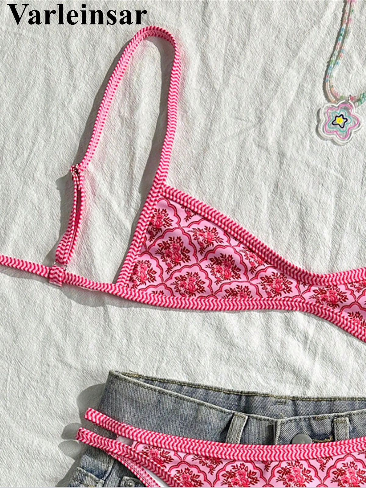 S - XL Flowers Printed High Leg Cut Bikini Female Swimsuit Women Swimwear Two-pieces Bikini set Bather Bathing Suit Swim V6965