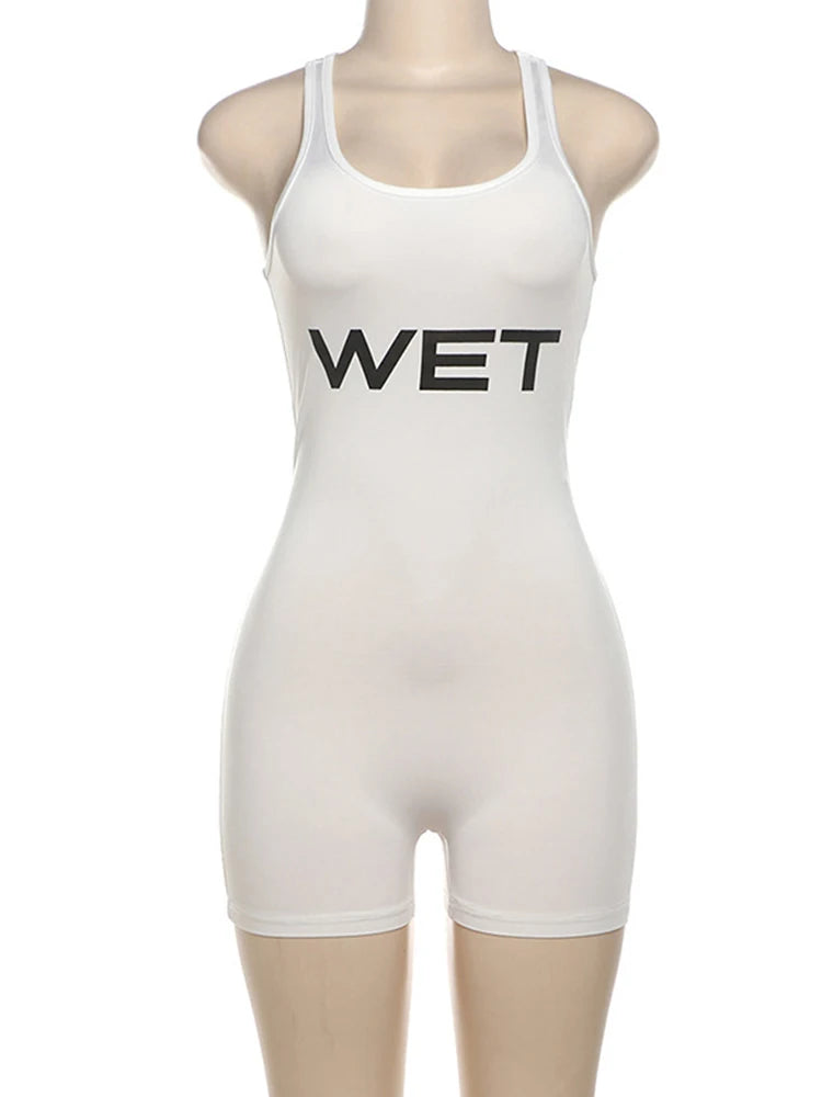 New 2025 Summer Women Sexy Sport Romper Subtranslucent Slim Playsuits Letter Printed White Women'S Raceback Sleeveless