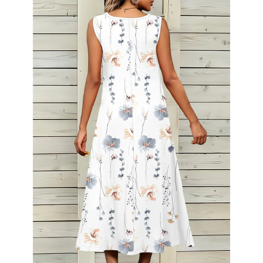 2025 Women's PLUS SIZE Summer Sleeveless Print Casual Dress for Holiday Women Clothing Maxi Dress White Dress summer dress