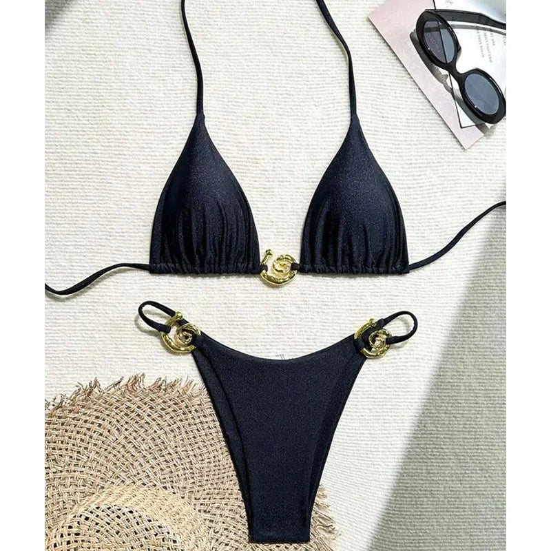Metal Micro Bikini Swimwear Women Sexy Lace Up Triangle Halter High Cut Thong Bikini Set 2025 New Beach Bathing Suit 2 Piece Set