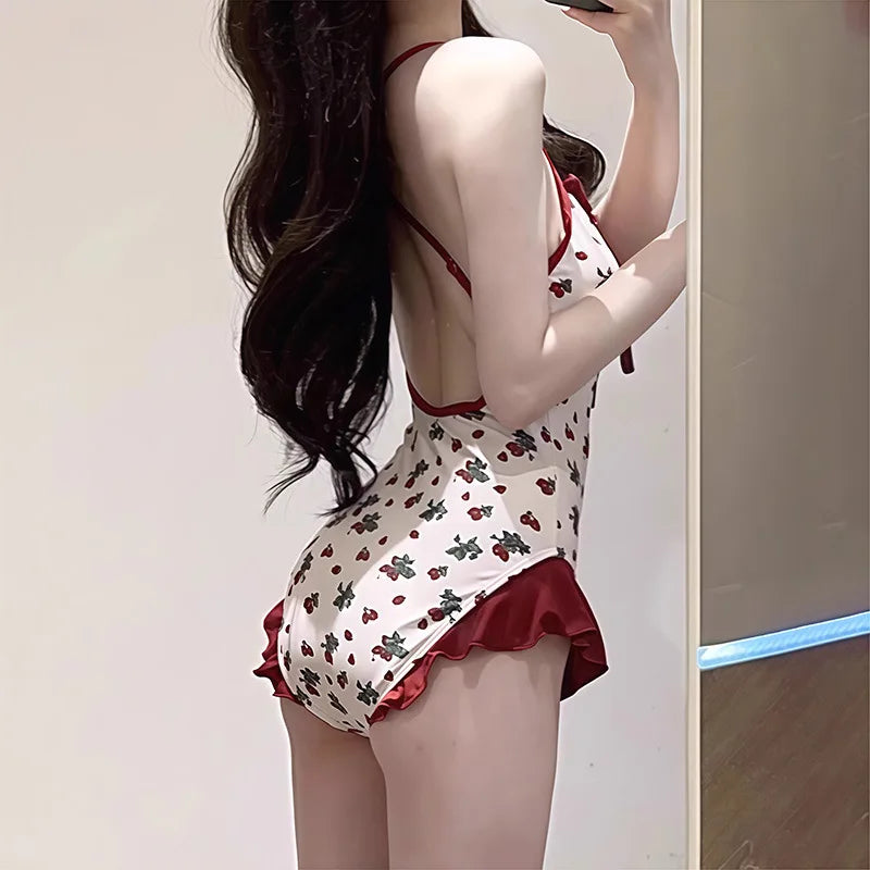 French Swimsuit Women's Bikini Beach Vacation Strawberry Print One-piece Sexy Backless Hot Spring Slim Suit Swimsuit Women