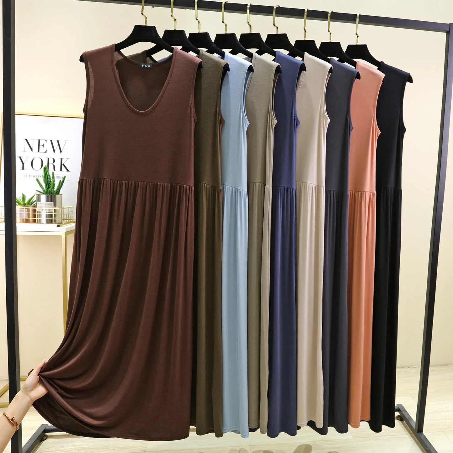 Plus size L to 6XL Women's dress Modal Sleeveless tank dress Pleated sleepdress Mid-Length waist-slimming dresses Loose homewear
