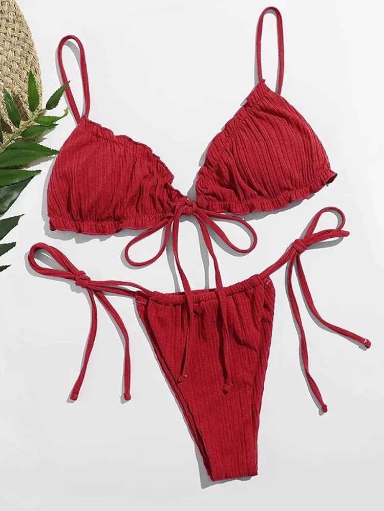 New 2025 Sexy Swimsuit Pit stripe Bikini Women Swimwear Bathing Suits Push Up Biquinis Bandage Beachwear Solid Bikini Sets