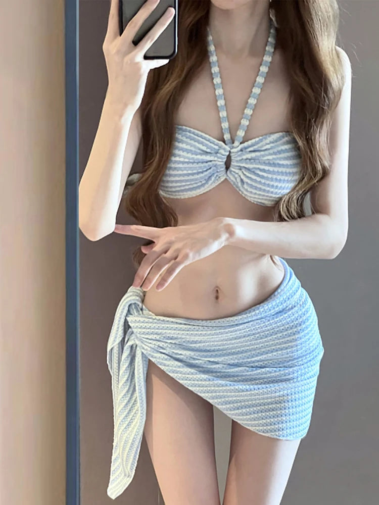 OIINAA Four-piece Bathing Suit Women Neck-mounted Striped Bikini Set Chic Hot Spring Swimwear Summer 2025 Cover-Ups Wrap Skirt