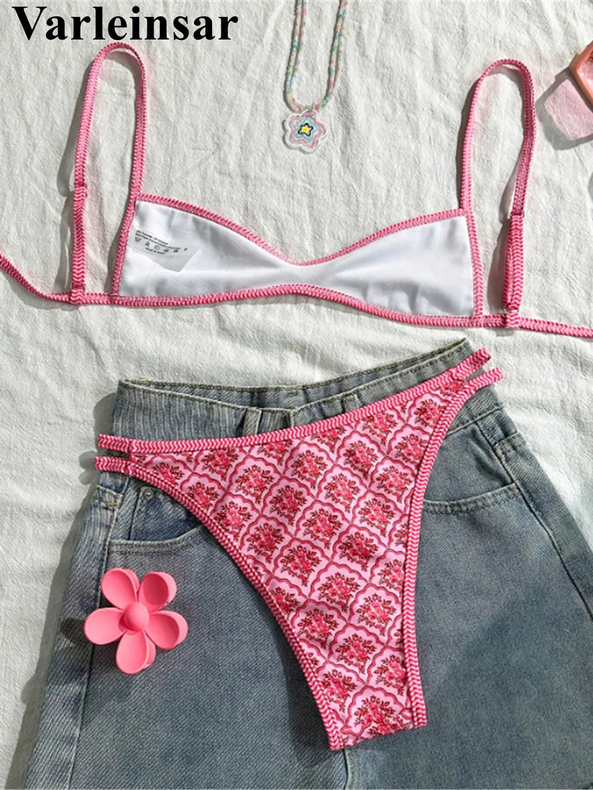 S - XL Flowers Printed High Leg Cut Bikini Female Swimsuit Women Swimwear Two-pieces Bikini set Bather Bathing Suit Swim V6965