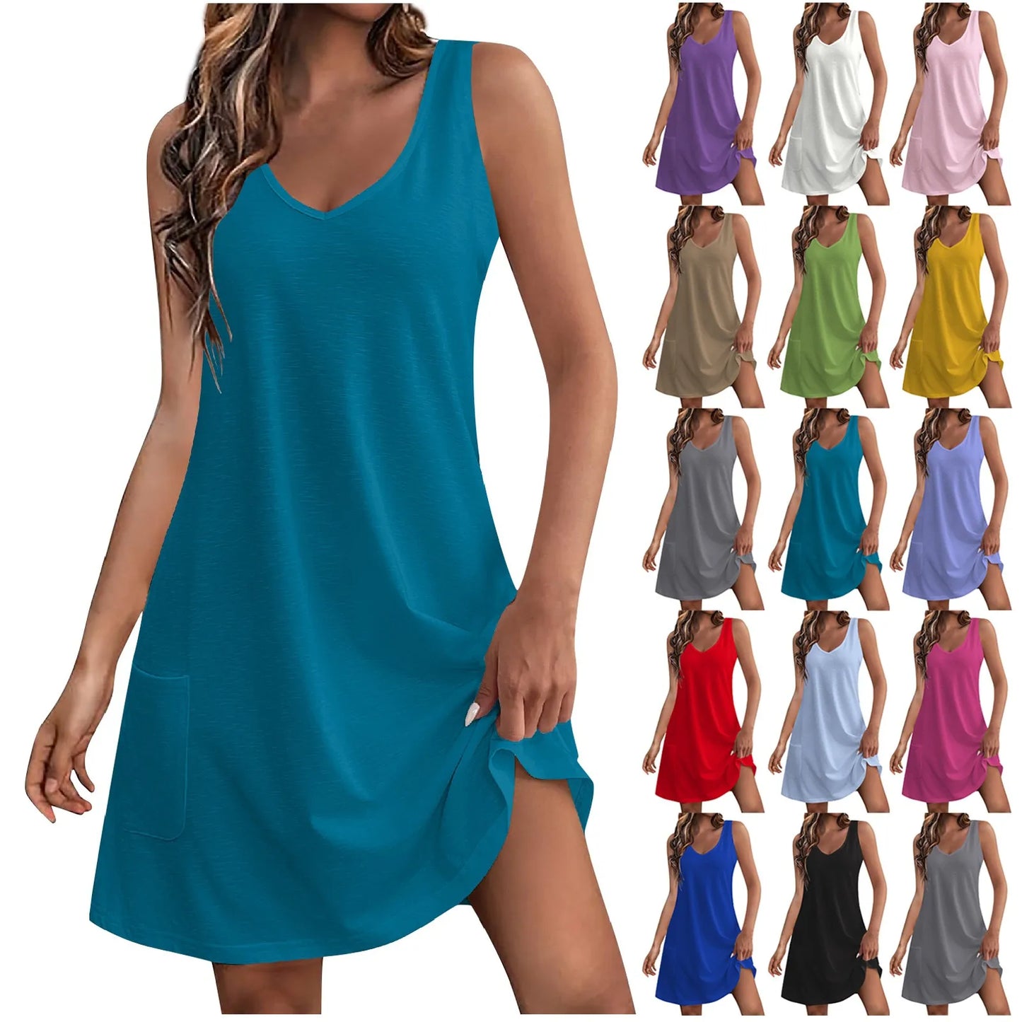 2024 Summer Women Vest Dress Cotton V-Neck Sleeveless Solid Midi Dress Stitching Large Swing dresses Loose Sundress Vestidos