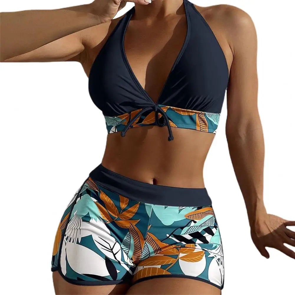 2 Pcs/Set Women Bra Shorts Set Backless Leaf Print Deep V Neck Drawstring Bathing Suit High Waist Padded Lady Swimwear
