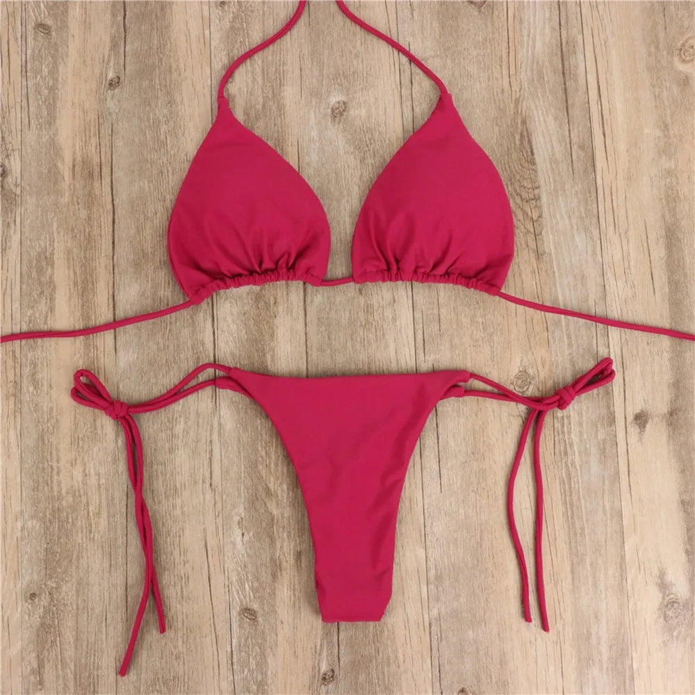Beach Style Swimsuit for Women Sexy Halter Swimwear Solid Thong Female Bikini Set Bathing Suit Bikini Mujer Lingerie