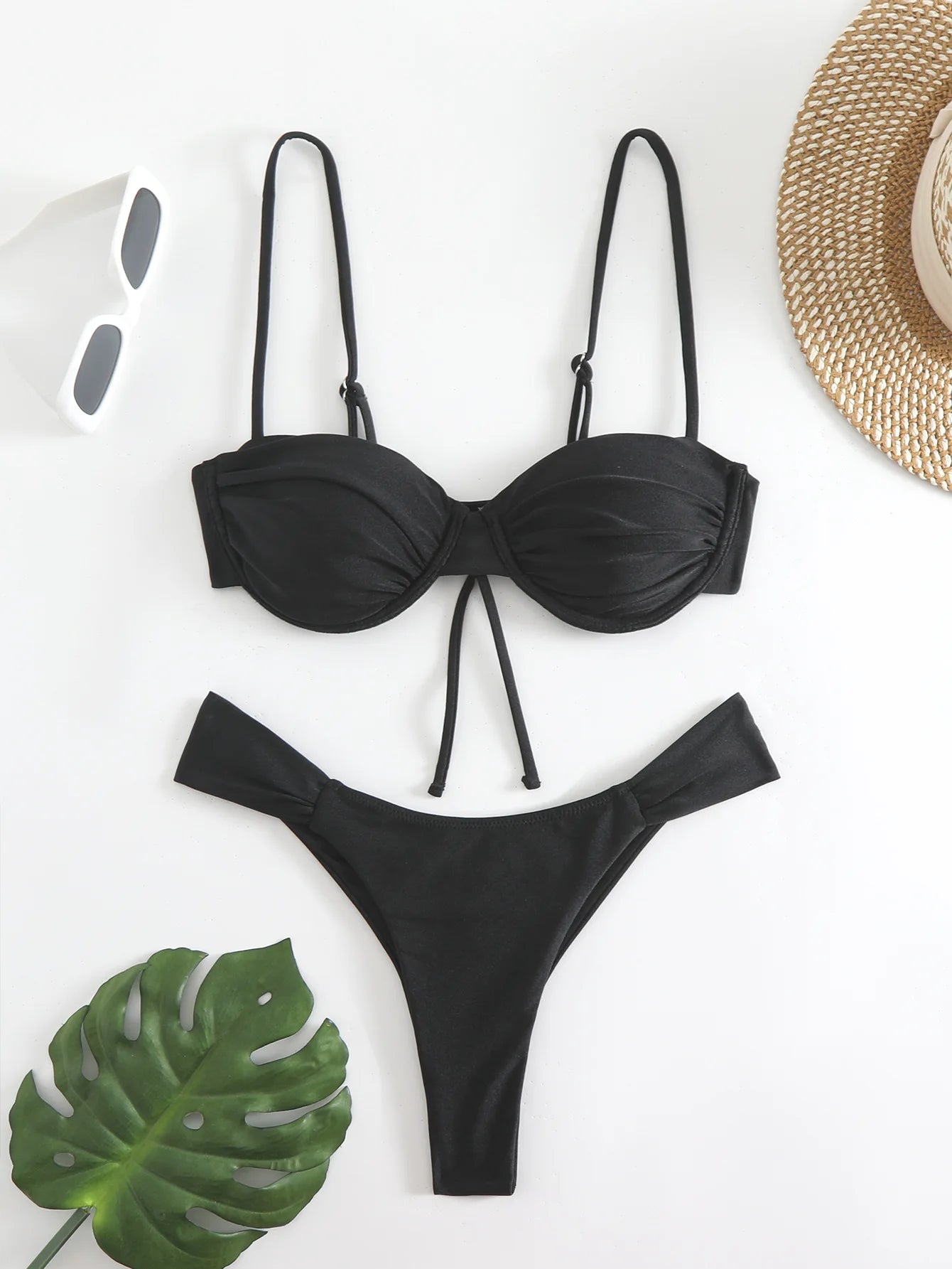 Sexy Bikini Set Women Bathing Suit Solid Pleated Lace Up Thong Split Micro Bikini Summer 2025 New Beach Wear Two Pieces Swimwear