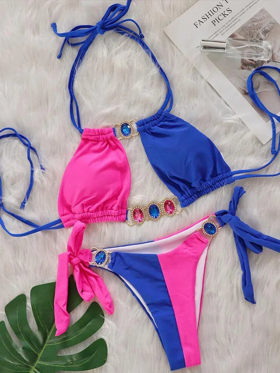 2025 Splicing Halter Diamond Bikini Women Swimsuit Female Swimwear Two Pieces Bikini Set Hollow Out Bathing Suit Swim Beach Wear