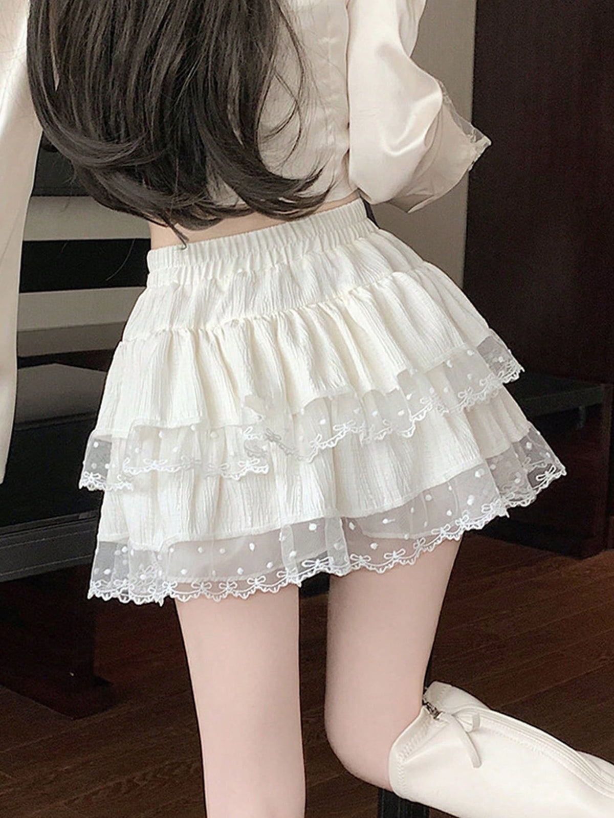 フレンチバレエ風 レーストリム付き ハイウエスト プリーツ ケーキスカート｜夏 防透 パフスカート 上品 ふんわり ロング丈